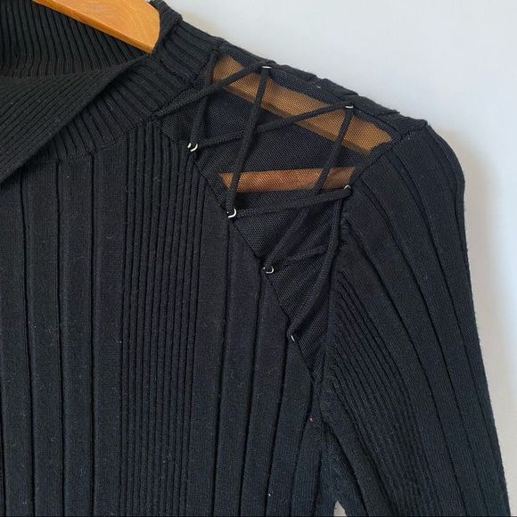 DOLLHOUSE Black Asymmetrical Ribbed Knit Top w/ Mesh Detail & 3/4 Sleeve - Picture 5 of 8